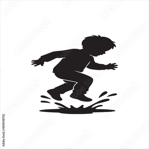  Silhouette child jumping in puddle black and white vector illustration