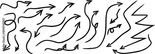 Hand drawn arrow. Doodle curved arrow. Wavy arrow vector set.