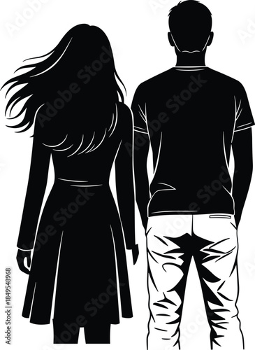 Silhouette, two people, back view, standing pose, woman and man, minimal style, posture, black background, fashion, gender contrast