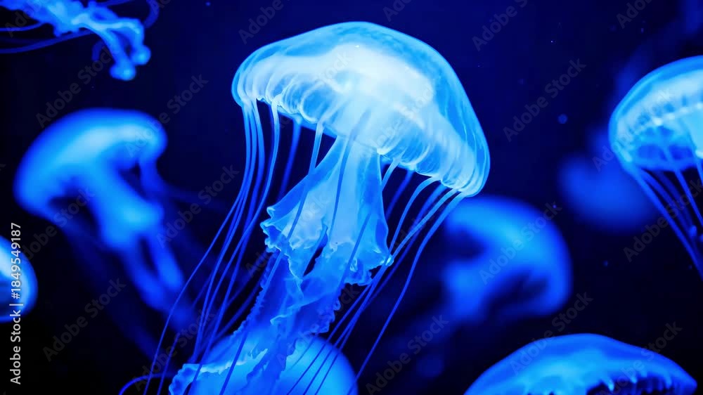 Bioluminescent blue jellyfish drift gracefully through dark ocean ...