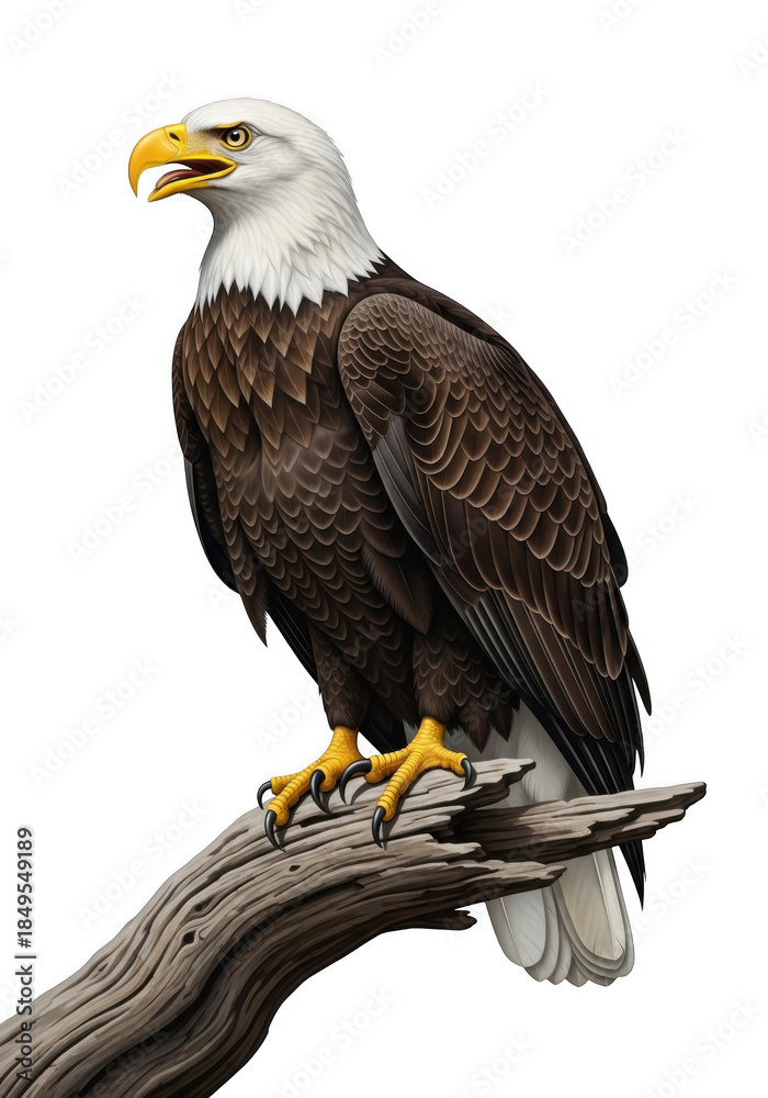 Naklejka premium Majestic American Bald Eagle Perched on Weathered Wooden Branch on transparent background