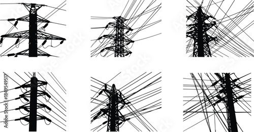 Silhouetted electric power poles with complex overhead wires creating industrial energy infrastructure patterns, high voltage lines, utility grid network, black and white
