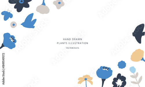 北欧風の草木イラスト。草木と花の北欧風背景。かわいい草木と花のベクターフレーム。Scandinavian-style plant illustration. Scandinavian-style background of plants and flowers. Cute plant and flower vector frame.