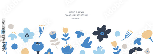 北欧風の草木イラスト。草木と花の北欧風背景。かわいい草木と花のベクターフレーム。Scandinavian-style plant illustration. Scandinavian-style background of plants and flowers. Cute plant and flower vector frame.