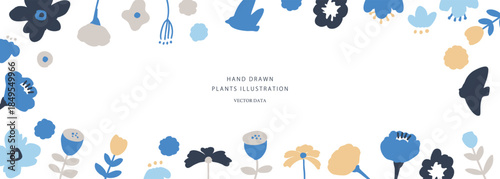 北欧風の草木イラスト。草木と花の北欧風背景。かわいい草木と花のベクターフレーム。Scandinavian-style plant illustration. Scandinavian-style background of plants and flowers. Cute plant and flower vector frame.