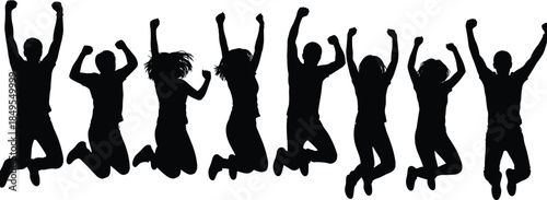 Silhouettes of a happy, energetic, and diverse group of young people jumping high with arms raised, celebrating freedom, excitement, success, achievement, and pure joy together.