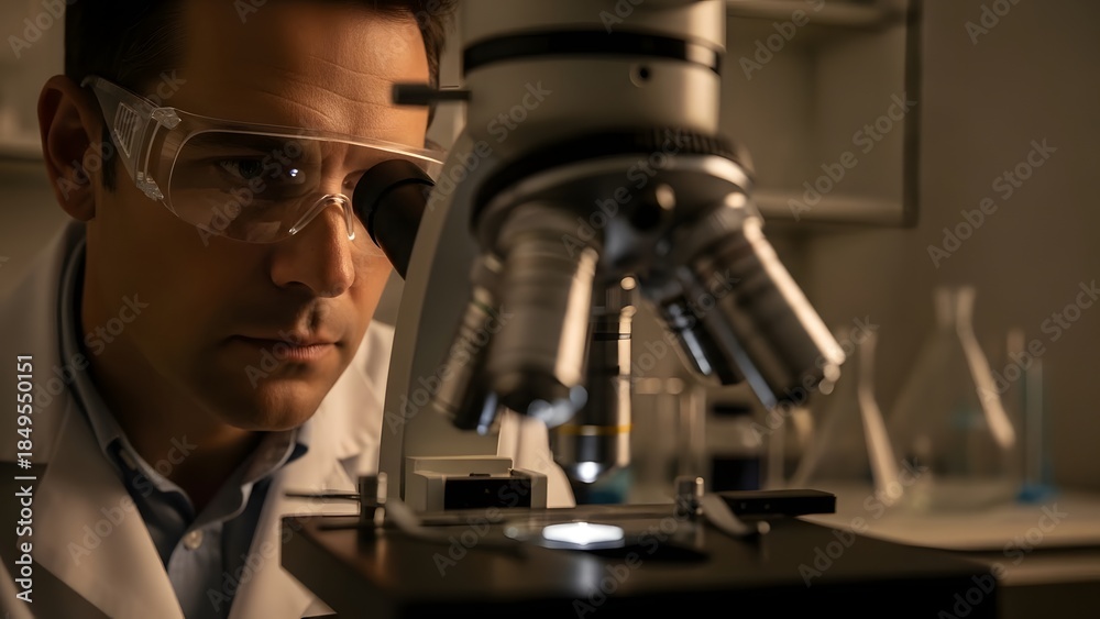 Fototapeta premium Scientist Examining Sample Under Microscope in Lab.