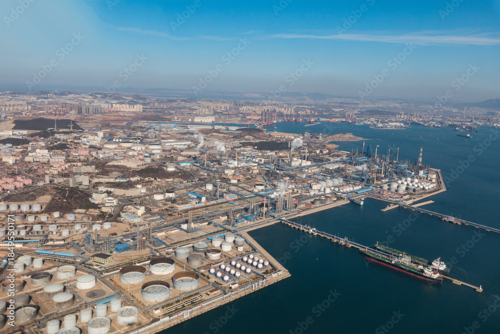 Obraz premium Dalian Industrial Zone Aerial View with Refinery and Port