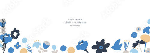 北欧風の草木イラスト。草木と花の北欧風背景。かわいい草木と花のベクターフレーム。Scandinavian-style plant illustration. Scandinavian-style background of plants and flowers. Cute plant and flower vector frame.