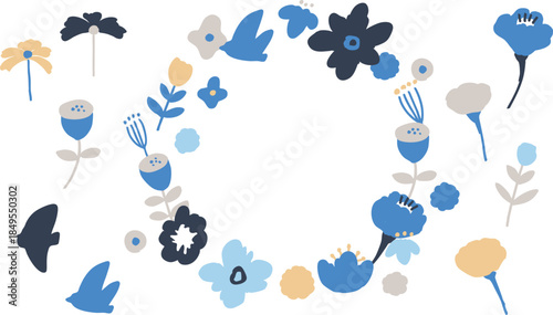 北欧風の草木イラスト。草木と花の北欧風背景。かわいい草木と花のベクターフレーム。Scandinavian-style plant illustration. Scandinavian-style background of plants and flowers. Cute plant and flower vector frame.