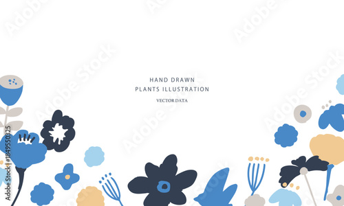 北欧風の草木イラスト。草木と花の北欧風背景。かわいい草木と花のベクターフレーム。Scandinavian-style plant illustration. Scandinavian-style background of plants and flowers. Cute plant and flower vector frame.