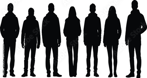 Standing silhouette illustration, casual people vector, faceless figure design, diverse posture concept, minimal black character art, group dynamics stock