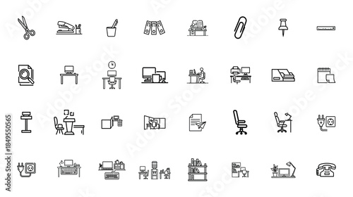 Corporate Office Workspace and Stationery Supply Icons
