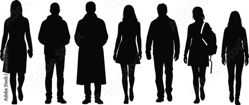 Walking people silhouette, diverse clothing, black vector illustration, human motion, fashion variety, urban lifestyle, backpack, coat, dress, casual
