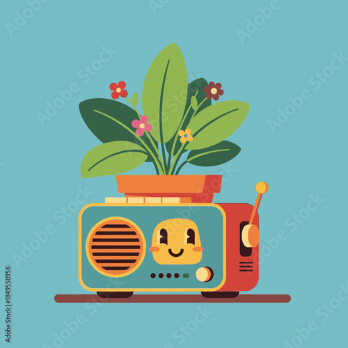 Vintage radio with potted plant Vector