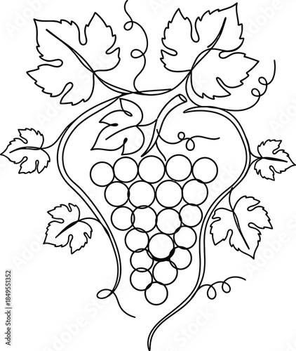 Continuous One Line Drawing of a Bunch of Grapes with Leaves