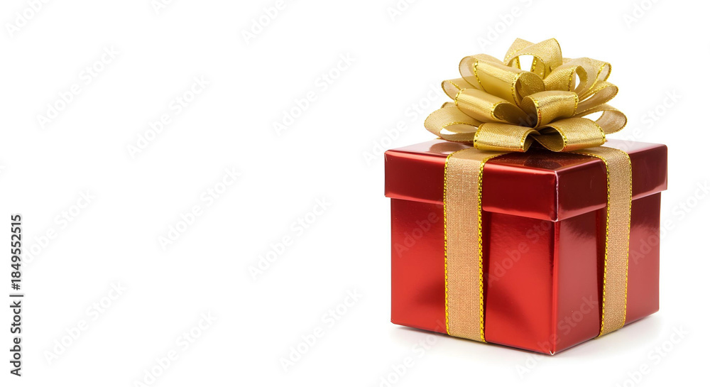 Obraz premium Luxury Red Gift Box with Gold Ribbon and Bow on White Background with Copy Space
