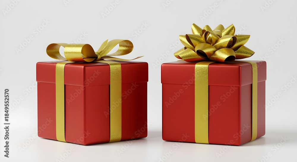 Fototapeta premium Luxury Red Gift Box with Gold Ribbon and Bow on White Background with Copy Space