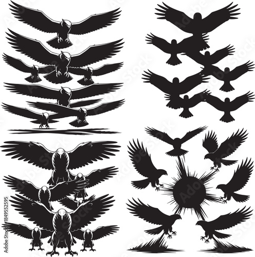 silhouette of people jumping in various poses on white background