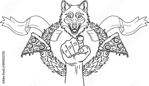 Wolf Power Fist Emblem with Ornamental Banners Black and White Vector Illustration