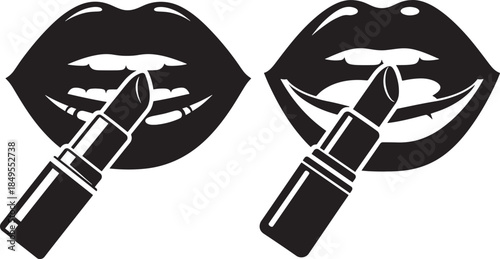 Silhouette applying lipstick to lips icon style illustration