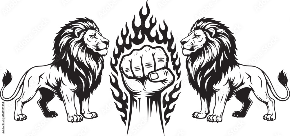 Fototapeta premium Twin Lion Power Fist Emblem Black and White Vector Illustration