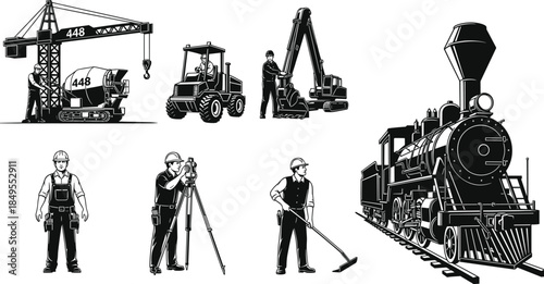 Industrial workers and heavy machinery silhouettes featuring crane, excavator, forklift, surveyor, steam locomotive, construction labor scenes, flat vector 