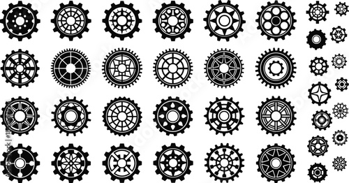 Mechanical gear icons set, industrial cogwheel collection, steampunk machinery symbols, engineering design elements, black and white vector illustration, isolated editable modern background