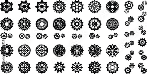 Mechanical gear icons collection, industrial cogwheel symbols set, steampunk machinery elements, engineering design shapes, black and white vector illustration isolated background