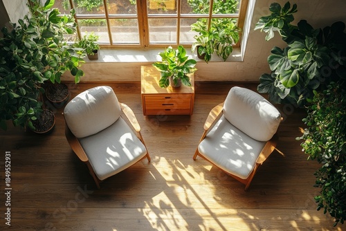 Top view of a home living room interior with a sideboard, decor, and a mockup frame, allowing space for customized design elements, Generative AI