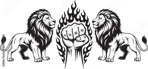 Twin Lion Power Fist Emblem Black and White Vector Illustration
