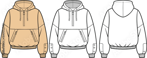 Men half zip hoodie sweatshirt technical cad drawing front back views flat vector fashion apparel design illustration template garment