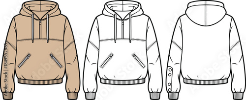 Men hooded sweatshirt hoodie technical cad drawing front back views flat vector fashion apparel design illustration template garment clothing schematic