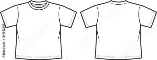 Plain white t-shirt front back view, blank apparel mockup, crew neck short sleeve, fashion garment template, clothing design illustration