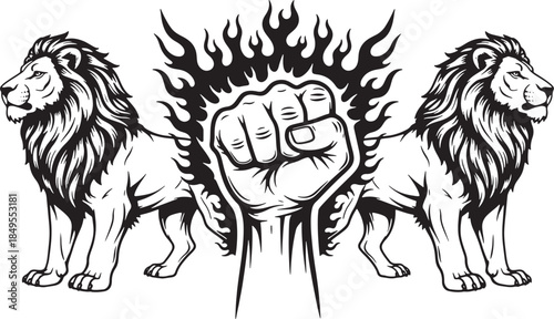 Power Fist With Twin Lions Vector Illustration Bold Symbolic Line Art Design