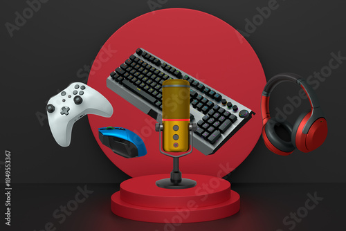Gaming and streaming accessories including RGB keyboard, headphones, mic, mouse floating above podium