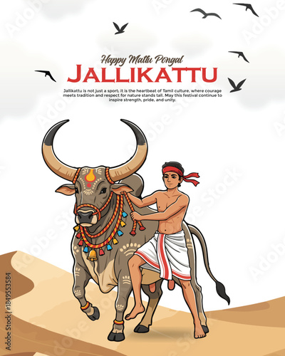 Jallikattu Festival Illustration with Bull Taming and Tamil Culture
