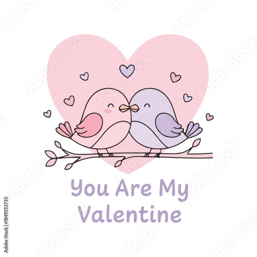 Cute Kawaii Love Birds Kissing On Branch Pastel Heart Background You Are My Valentine Illustration
