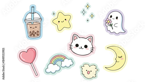 Adorable Pastel Stickers Collection Featuring Cute Cartoon Characters and Objects