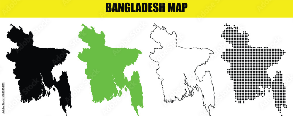 Obraz premium Bangladesh Map Vector Graphics Set in Black Silhouette, Green, Outline, and Gray