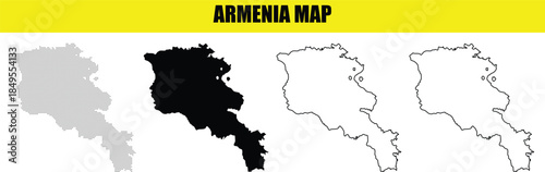 Set of Armenia Map Variations: Gray, Black Filled, and Outline Contour Maps with 'ARMENIA MAP' Text
