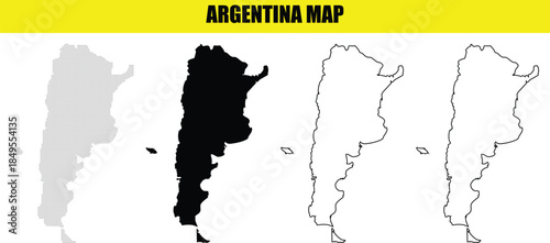 Set of Argentina maps with outline, solid black, and gray silhouette vector graphics