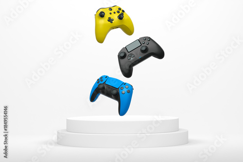 Colorful gaming controllers joystick levitating over podium against abstract background, minimalist concept device on pedestal