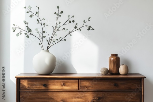 Dark wooden cabinet placed near a white wall, ideal for showcasing contemporary home or office design concepts, Generative AI