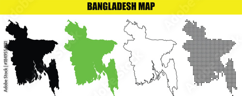 Bangladesh Map Vector Graphics Set in Black Silhouette, Green, Outline, and Gray