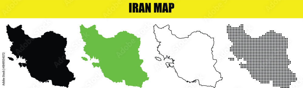 Obraz premium Iran Map collection with 'IRAN MAP' text banner, featuring black, green, outline, and grey vector variations