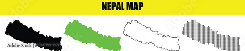 Vector Map of Nepal Set with Black, Green, Grey Fills and Outline, Labeled 'NEPAL MAP'