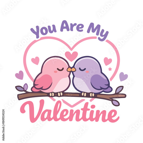 Cute Kawaii Love Birds Kissing On Branch Pastel Heart Background You Are My Valentine Design