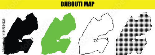 Collection of Djibouti Map Vector Graphics with Black, Green, Outline, and Pixel Dotted Styles