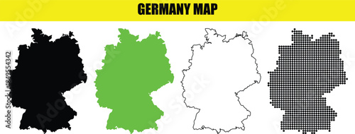 Set of Germany Map Vector Graphics in Black, Green, Outline, and Gray on White Background